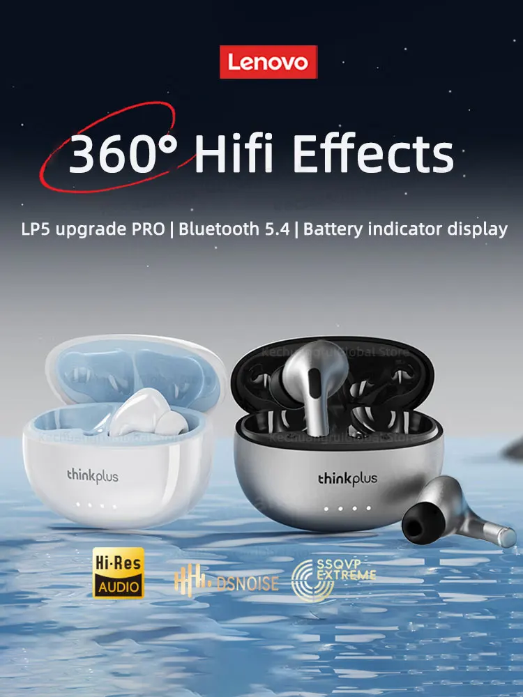 Écouteurs sans fil Bluetooth 5.4 Lenovo LP5 Pro, son HiFi, écouteurs de sport pour jeux, contrôle tactile avec micro, casque