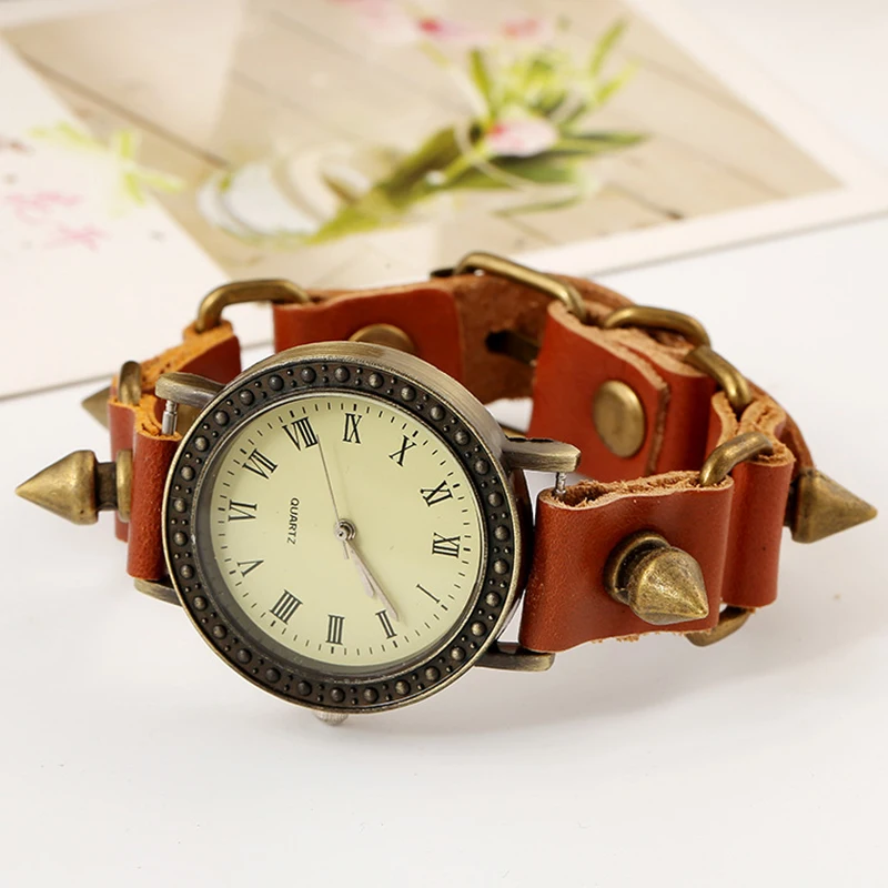 New Rome Vintage Brown Cow Leather Strap Watches Women Dress Bracelet Watches Female Quartz Wristwatch 2022 Punk Style Bangle