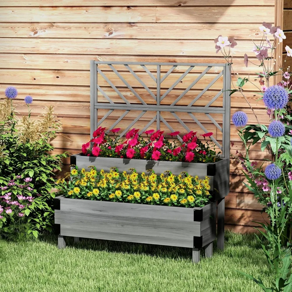 

2-Tier Raised Garden Bed with Trellis, Wooden Elevated Planter Box with Drainage Holes, Liners, Metal Corners, Customized
