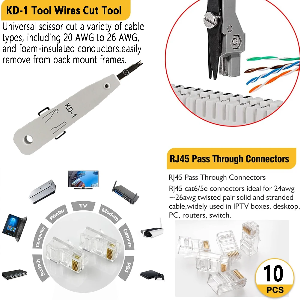 RJ45 Crimp Tool Kit, Network Cat5 Cat6 Cat7 Crimping Tool Repair Kit Includes Cable Tester,KD-1 Wire Cutter