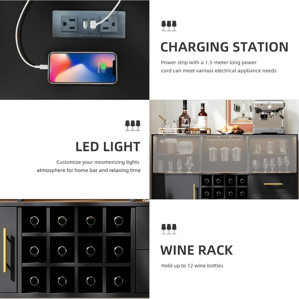 47 inch Bar Cabinet and Bar Table - LED Light Charging Station, Buffet Cabinet with Storage, Sideboard Cabinet, Coffee Bar