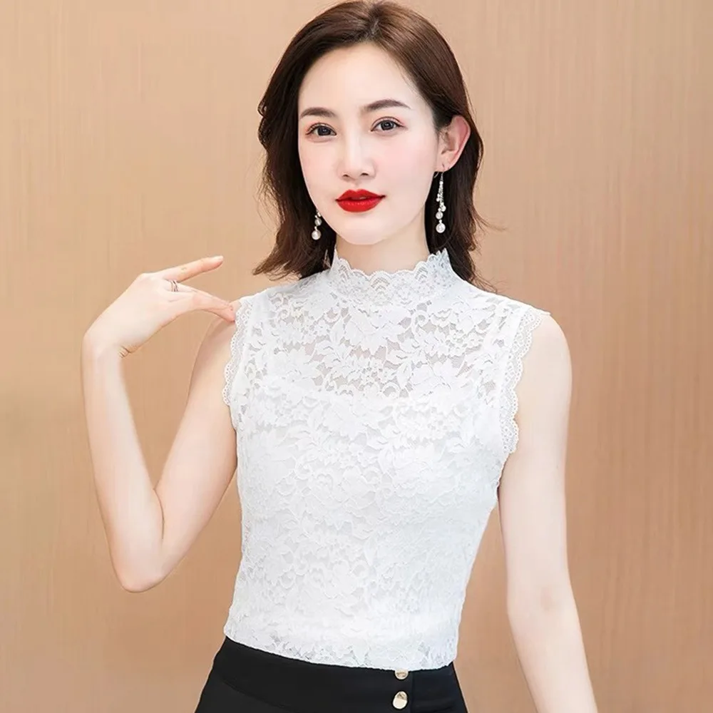 Elegant Half High Collar Floral Tank Tops Elastic L-3XL Lace Shirt Black White Sleeveless Vest Women Girls