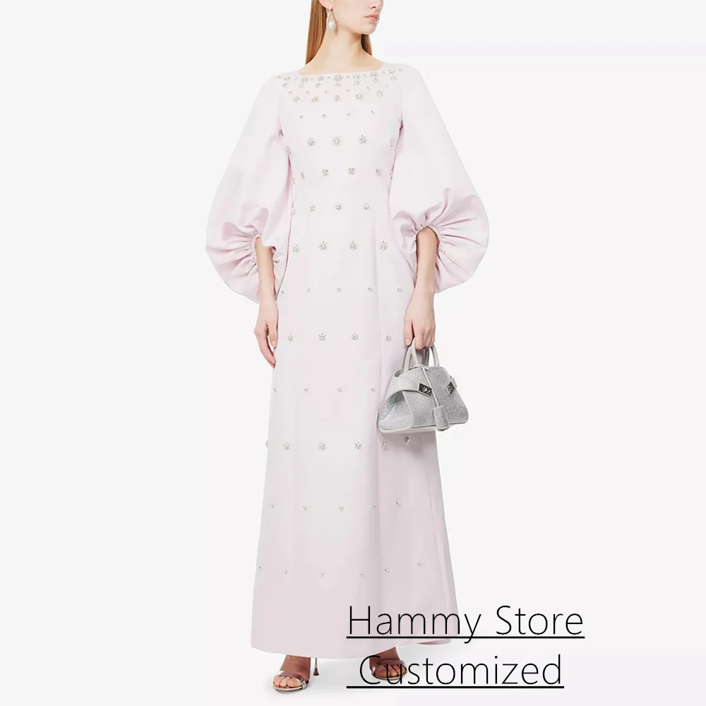 فستان سهرة وردي فاتح مخصص بأكمام منتفخة ورقبة مربعة وأحجار الراين مطرز على شكل حرف A فستان حفلة موسيقية عربي مع كيب #1