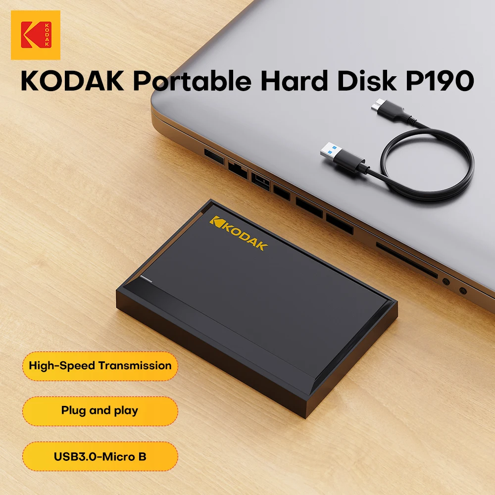 KODAK P190 Disco duro externo de 500 GB 2,5 ''HDD externo portátil USB 3.0 Disco de almacenamiento para juegos de 5 Gbps Compatible con computadora portátil de escritorio