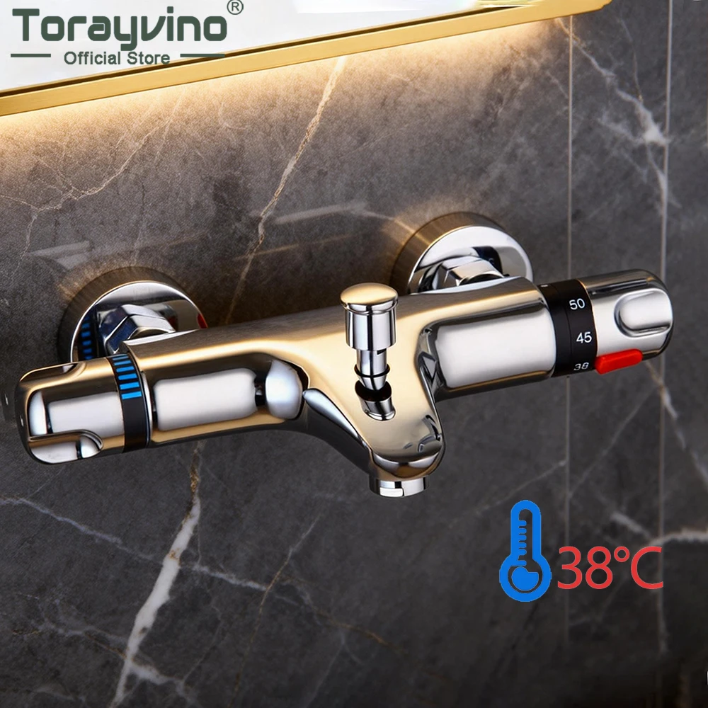 Torayvino Thermostatic Bath Shower Control Valve Bottom Faucet Wall Mounted Bathroom Chrome Polished Temperature Mixer Water Tap