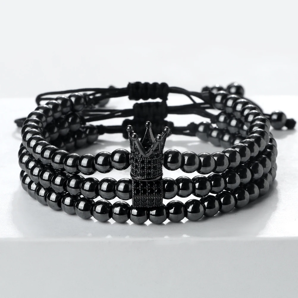 3Pcs/Set Copper Bead Bracelet Women Men Crown Pendant Couple Bangles Chain Friendship Pulsera Jewelry Gift