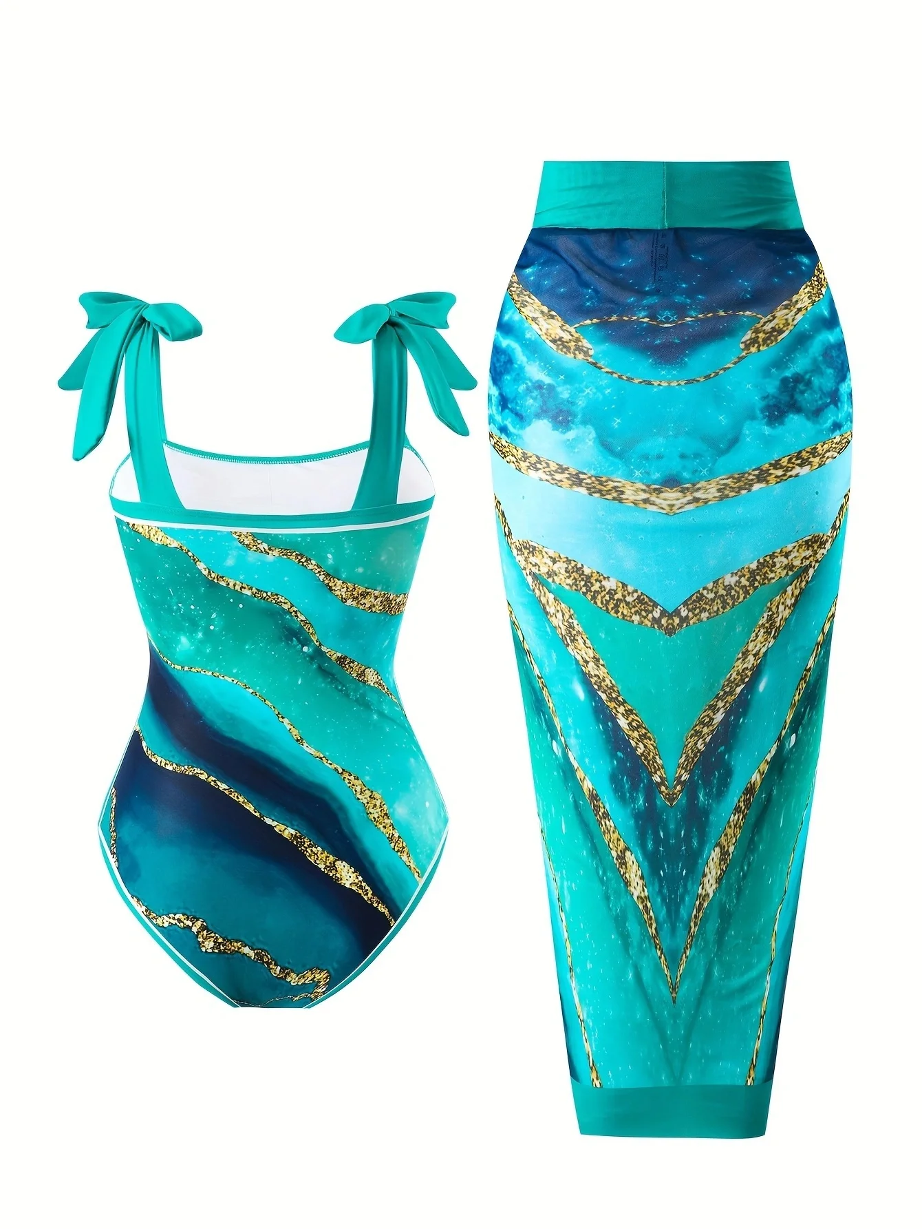 Ocean-Inspired One-Piece Swimsuit & Matching Sarong Set – Teal with Gold Marble Print