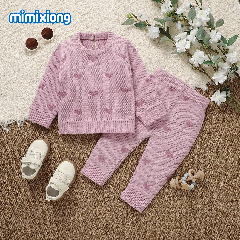 

1-3Y Toddler Girls Clothes Autumn Winter Pink Long Sleeves Knit Sweater Shirts+Pants Infant 2pcs Outfits Sets Children Knitwear