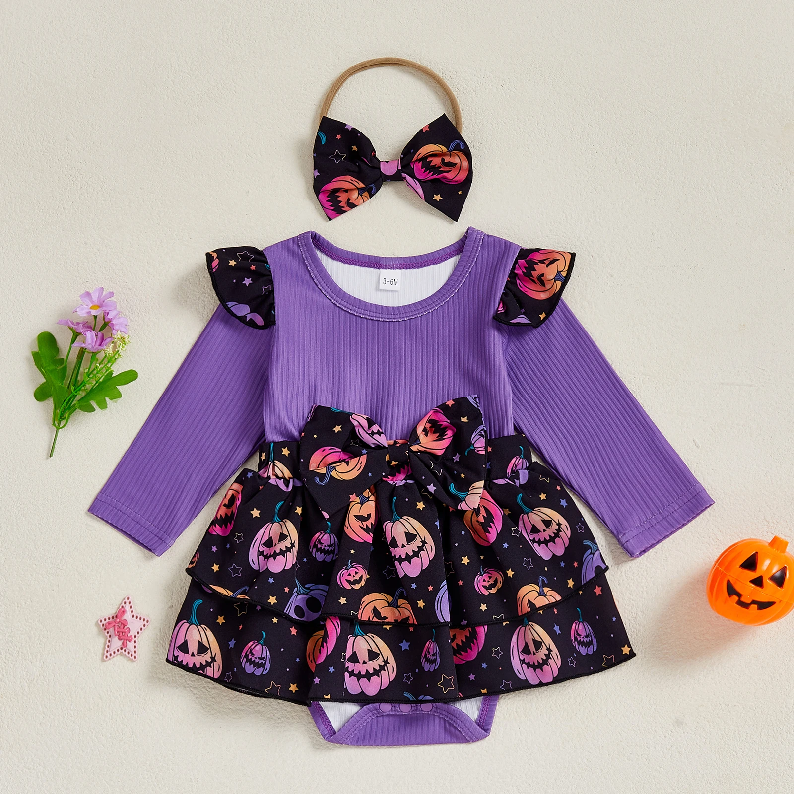 

Baby Girl Bodysuits Halloween Outfits Long Sleeve Pumpkin Print Skirt Romper Dress with Headband Set Newborn Clothes