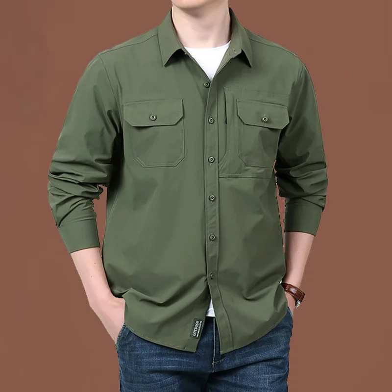 

Spring Summer Thin Shirt Outdoor Quick Drying Stretch Tops Multi Pocket Large Casual Men's Cargo Shirts Plus Size XXXXXL