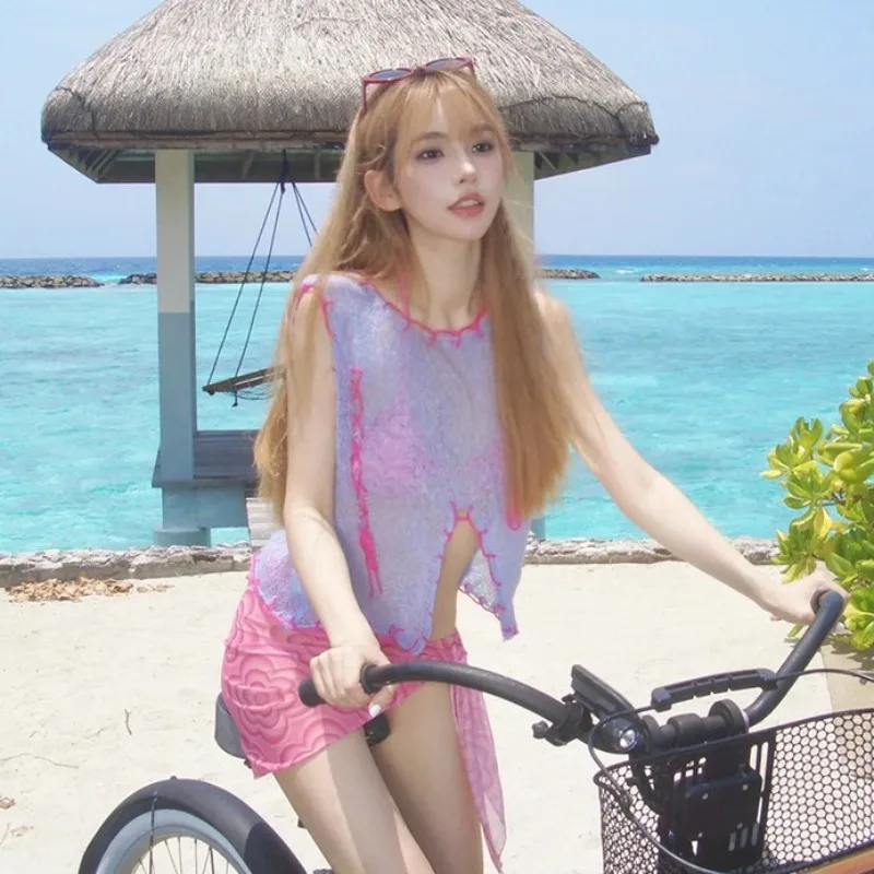 New Style Korean Women's Bikini,Stylish Fresh Three-Piece Coquettish Vibe Knit Cover-Up Swimwear for Beach Vacation Photo Shoots