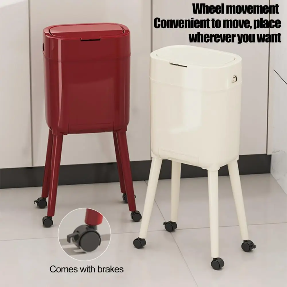 Trash Can with with Heightened Legs And Wheels, 16L Capacity Press on Lid Garbage Bin, Retro Style Waste Container for Kitchen