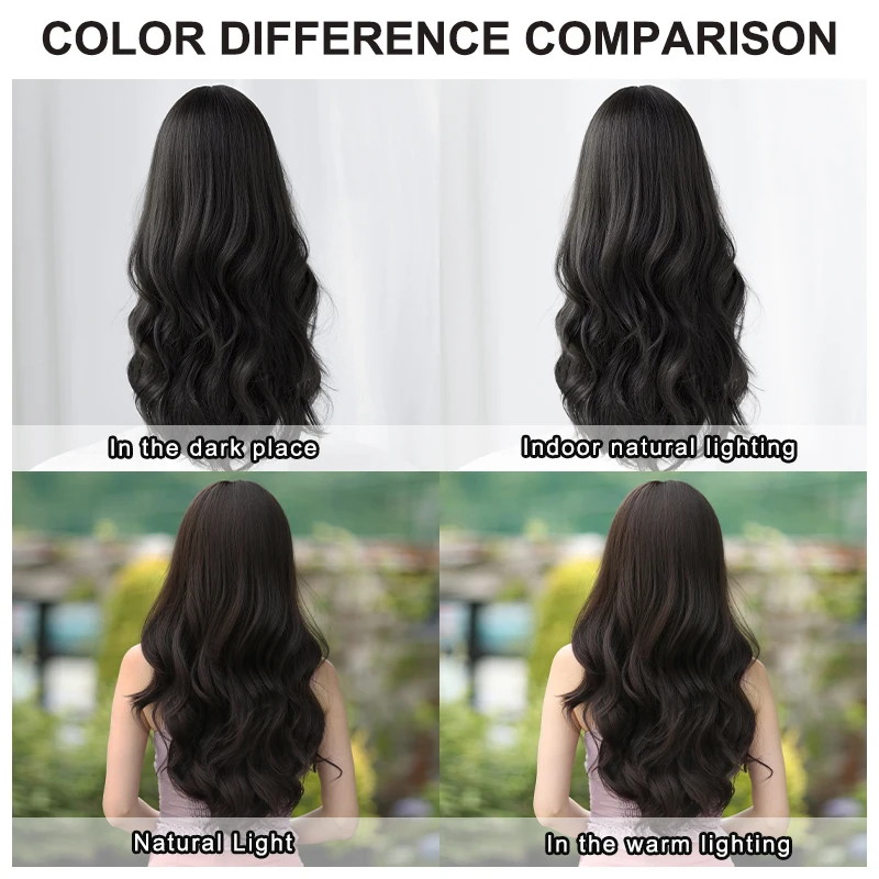 7JHH WIGS High Density Synthetic Dark Brown Wig for Women Daily Use Long Body Wavy Black Tea Wigs with Bangs Beginner Friendly