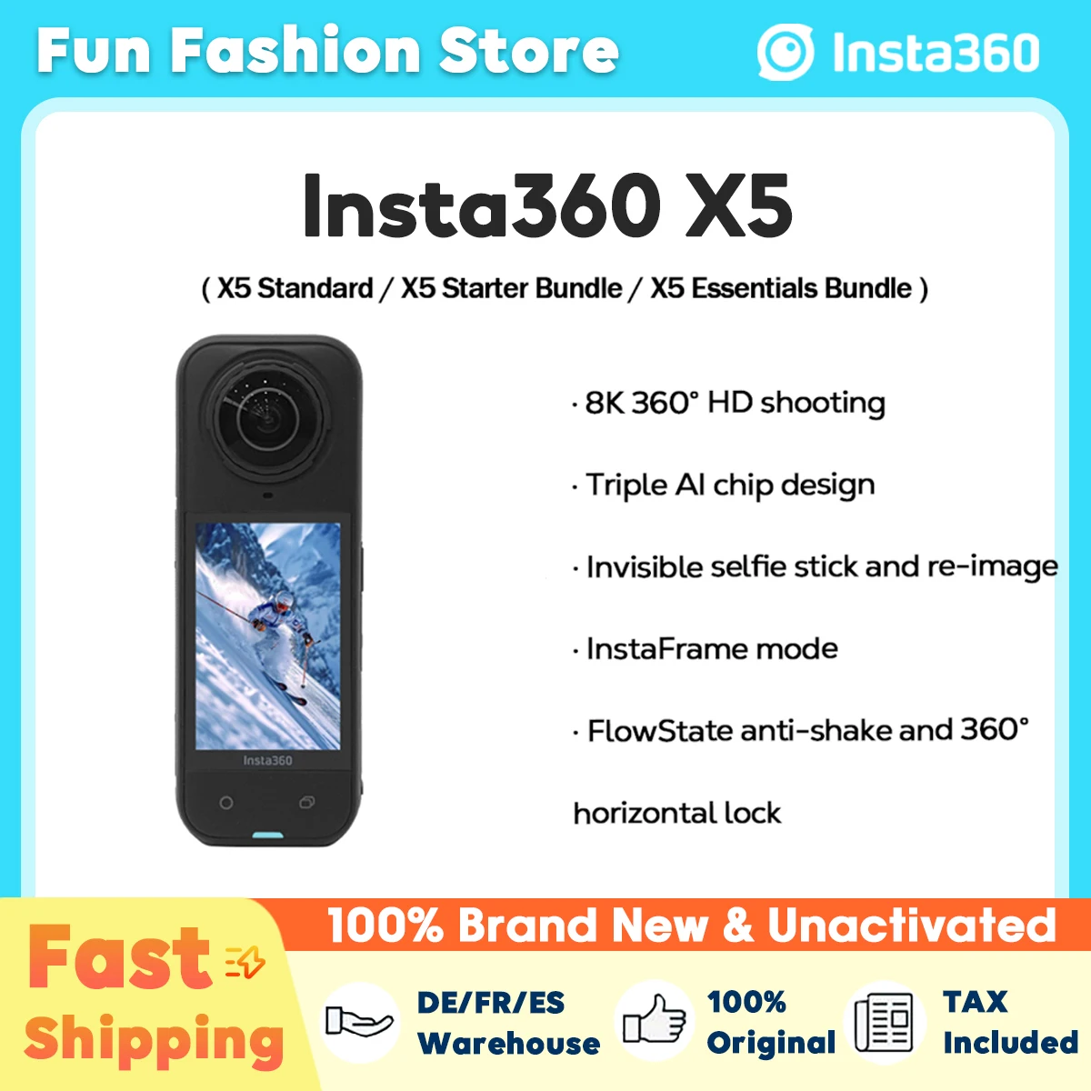 Caméra d'action Insta360 X5 2025, nouvelles lentilles remplaçables 8K 30fps, Triple puce AI, faible luminosité supérieure, 185 minutes d'autonomie Insta 360 X5