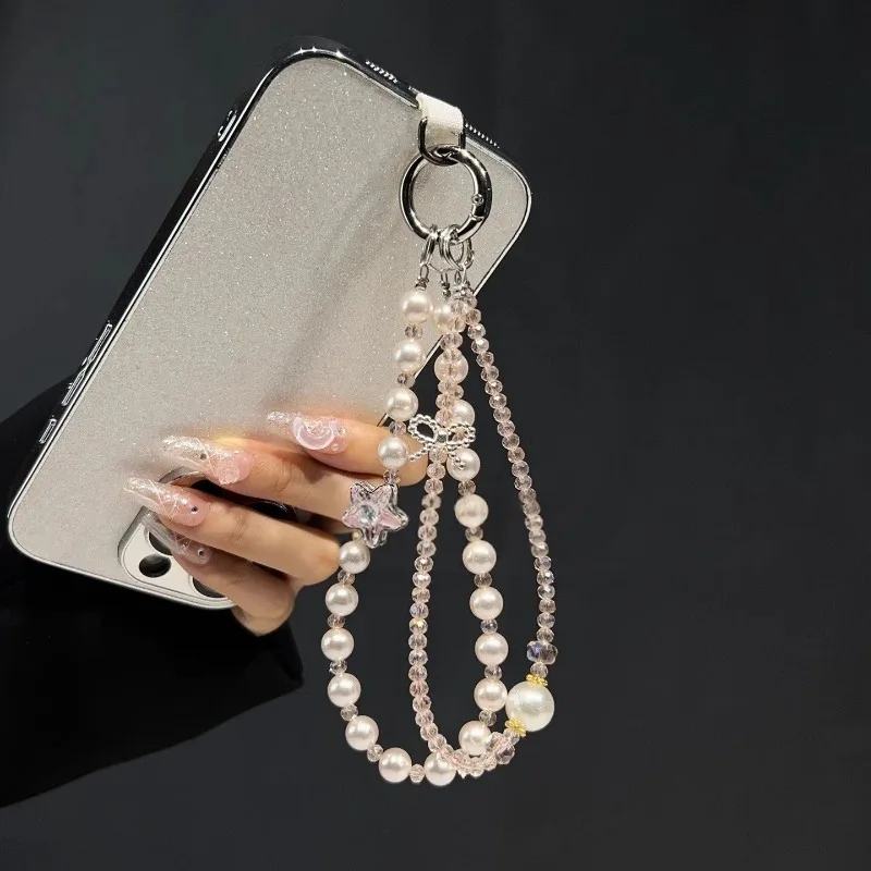 

Fashionable Pearl & Crystal Mobile Phone Chain Star Beaded Double Strand Crystal Lanyard Short Wrist Hand-held Hanging Accessory