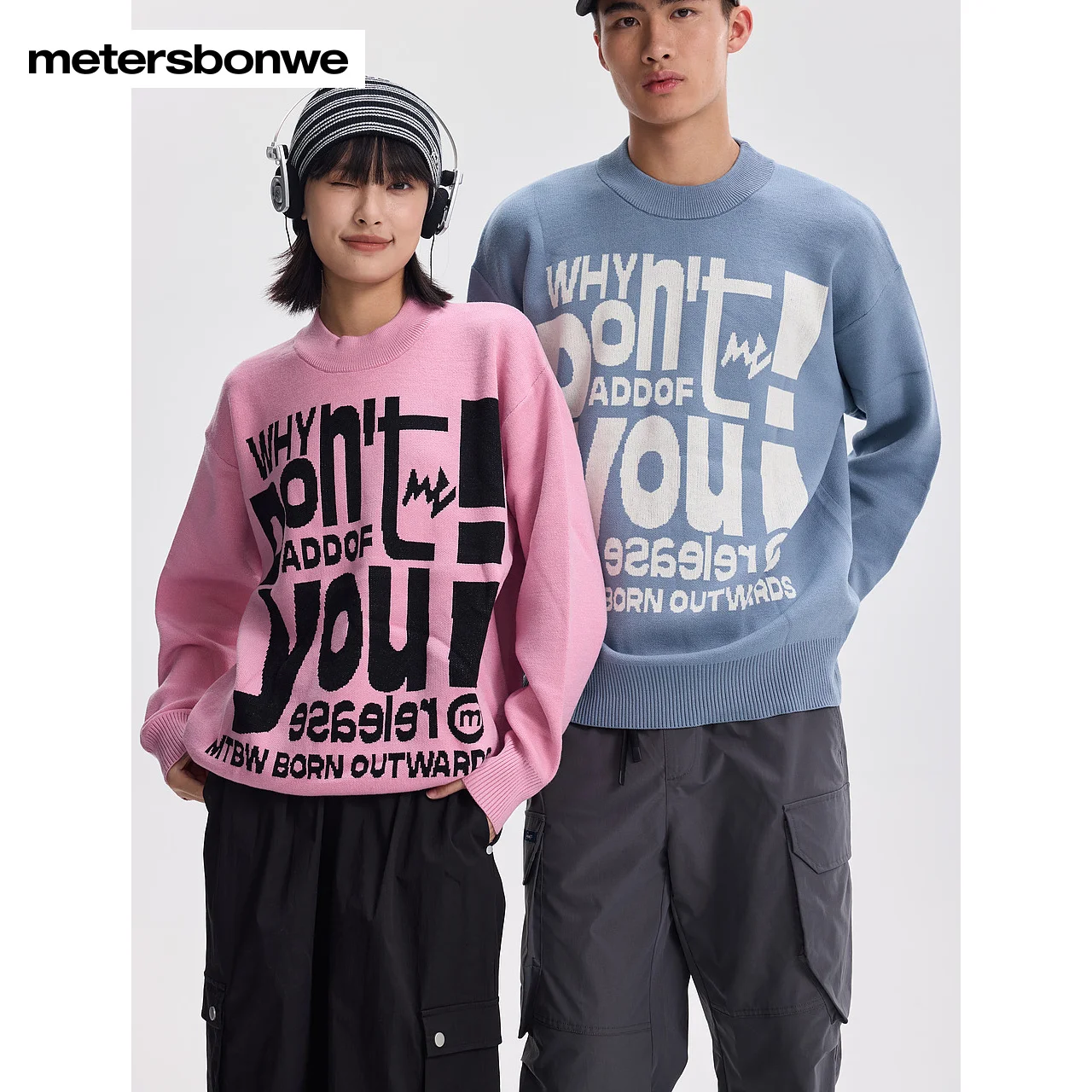 

Metersbonwe-Men Women Letter Jacquard Sweater Jumper O-Neck Loose Trend Pullover Does Not Pick The Figure Soft Warm Wear Winter