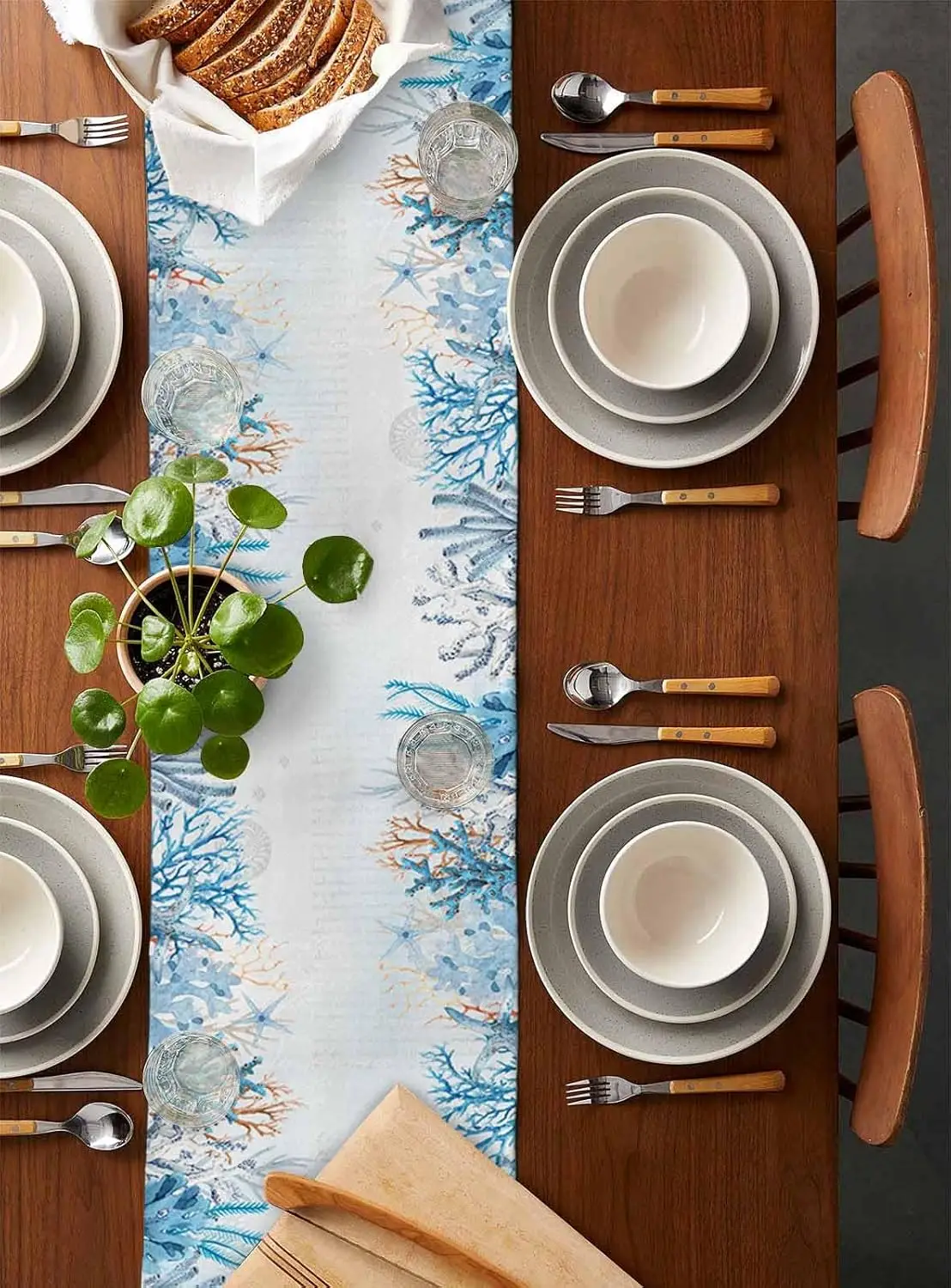 Coastal Blue Coral Octopus Starfish Linen Table Runner Home Table Decor Reusable Kitchen Dining Table Runner Holiday Party Decor
