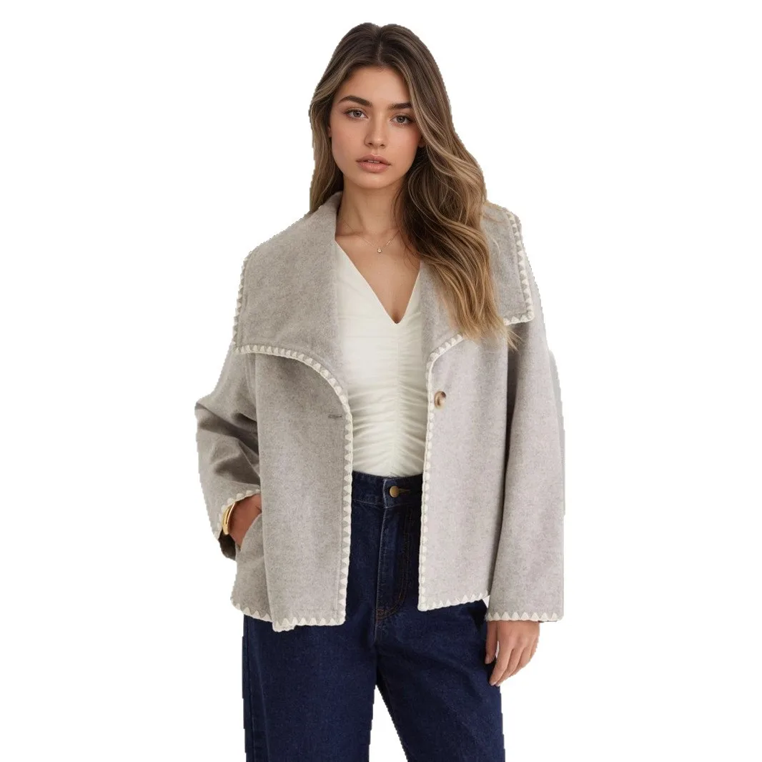 معاطف صوفية نسائية بياقة مقلوبة وسترات بزر واحد سميكة صلبة وفضفاضة وأكمام طويلة معطف كاجوال أنيق للمكتب للسيدات