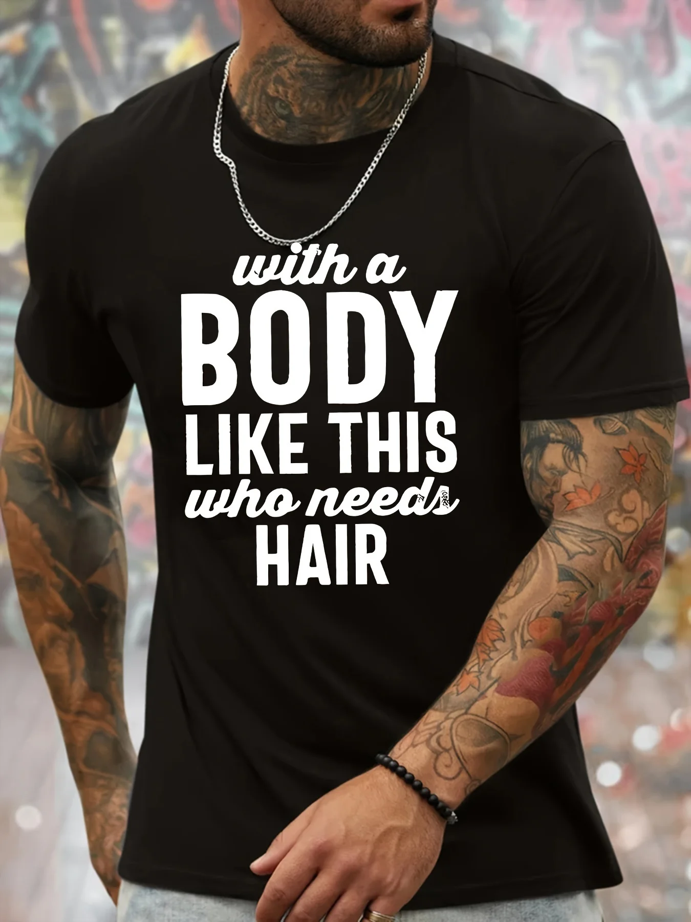

Men's Navy Blue Fashion Tee - "with a Body Like This Who Needs Hair" Humorous Print, Casual Round Neck T-Shirt, Polyester