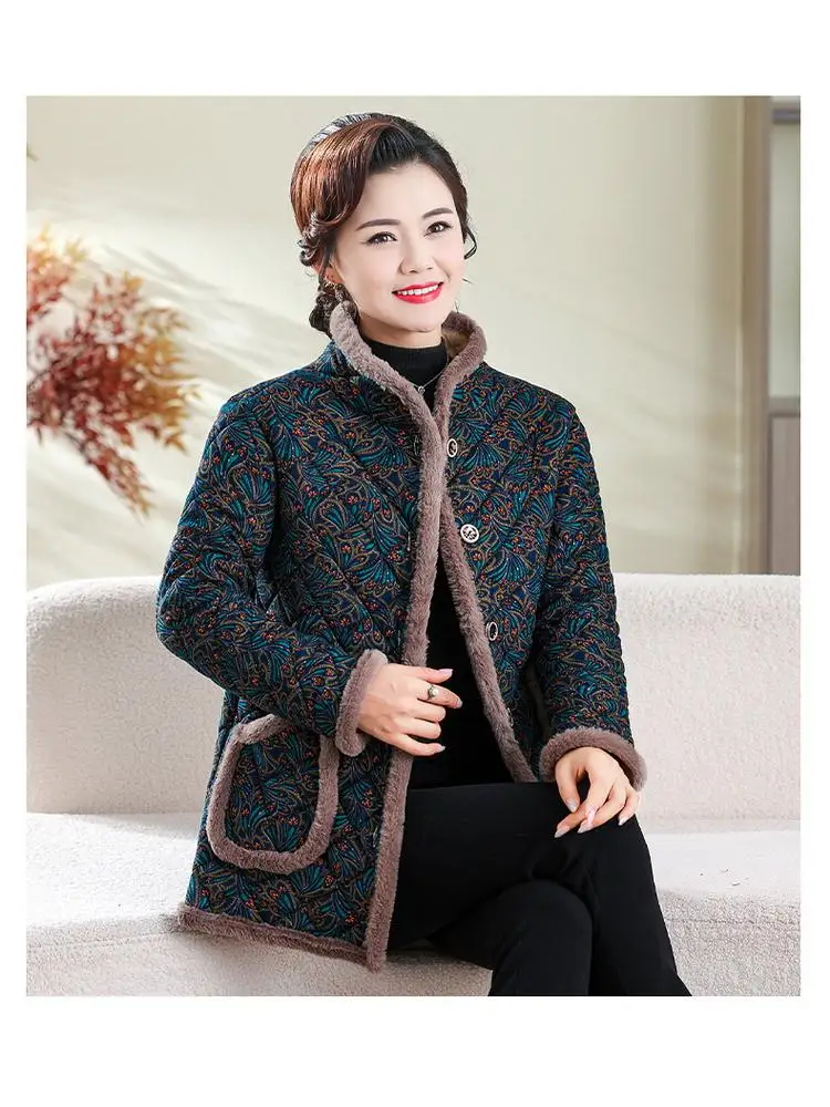سترة صوف للنساء في منتصف العمر وكبار السن للنساء معطف قطني مزين بالزهور ملابس خارجية سميكة للشتاء بياقة واقفة #2