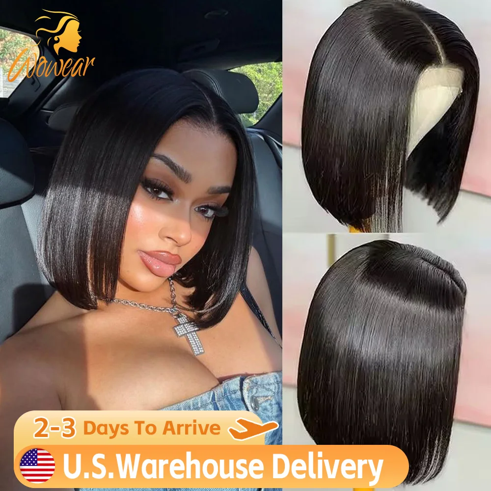 Peluca de cabello humano liso de 10 pulgadas, estilo bob corto, con encaje frontal transparente 13x6 pre-arrancado, pelucas frontales de encaje 13x4 para mujer