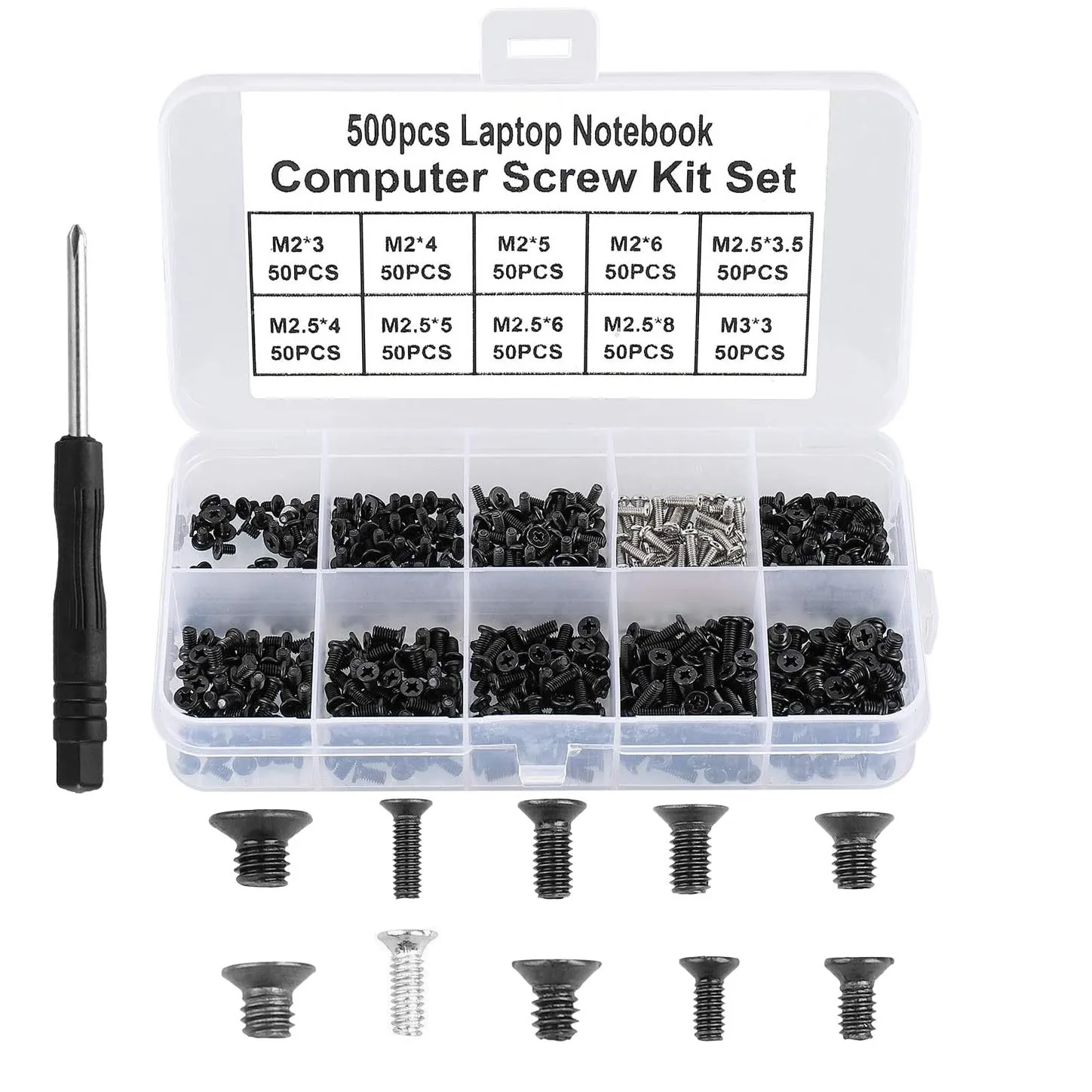 500pcs Small Computer Screws kit box,Flat Head Computer Notebook Laptop black Screws Kit M2 M2.5 M3 for PC Laptop SSD Hard Drive