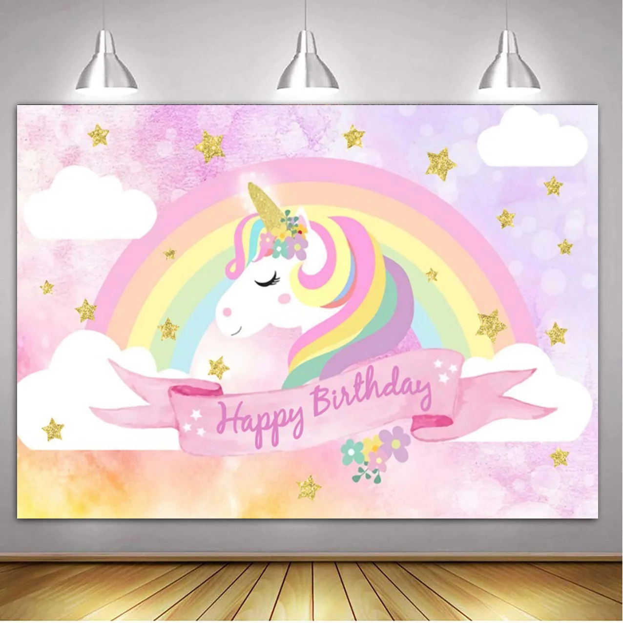 Rainbow Unicorn Backdrop Happy Birthday Party Decorations for Girls Watercolor Floral Glitter Stars Photography Background