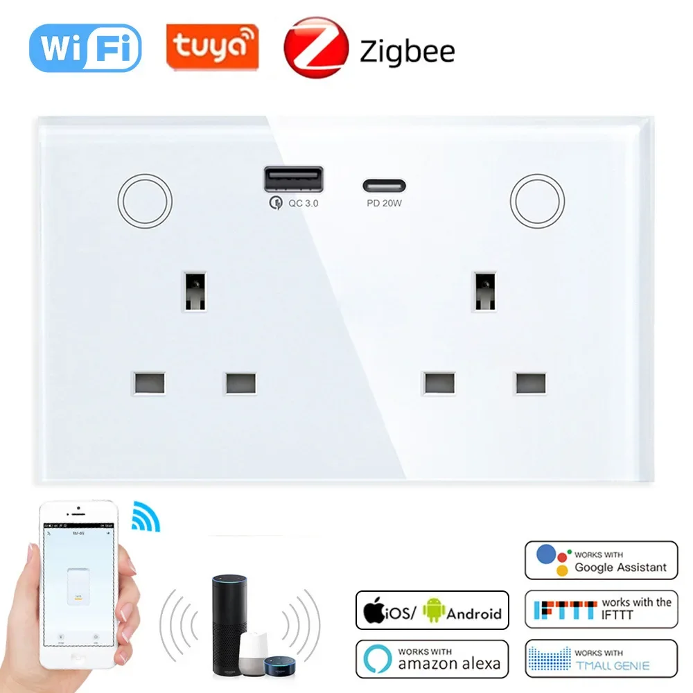 Mvava UK 2 Gang 2 Way 20w PD Fast Charge Type A C Usb Double Outlets Wall Electrical Power Smart Tuya Wifi Socket