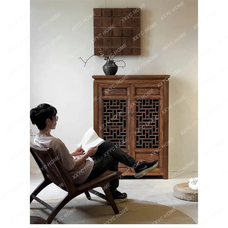 XX Sandy wind solid wood carving flower and dining side cabinet old elm Chinese lace side cabinet old wood storage cabinet