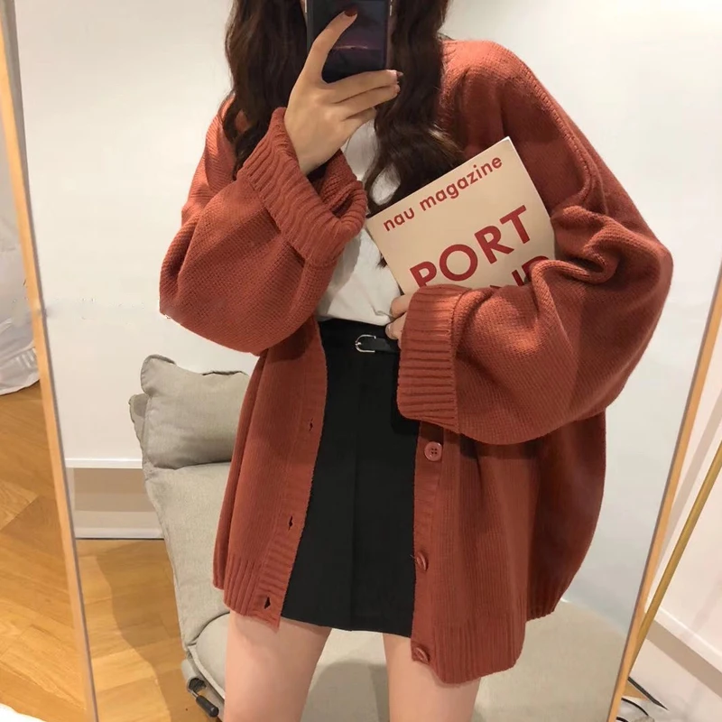 

Korean Sle V-Ne Knitted Open Cardigan Loose Outerwear Lazy Sle Bla Winter Clothes Women's Sweater Coat Casual Commute