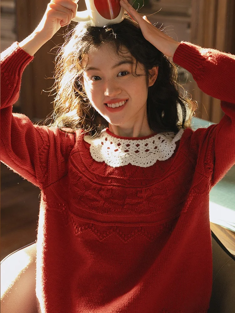 

Nesoulum New Year Red Wool Patterned Ne Sweater Women's Winter Retro Design Lazy Sle Top Warmth Emitting Long Sve Crew...