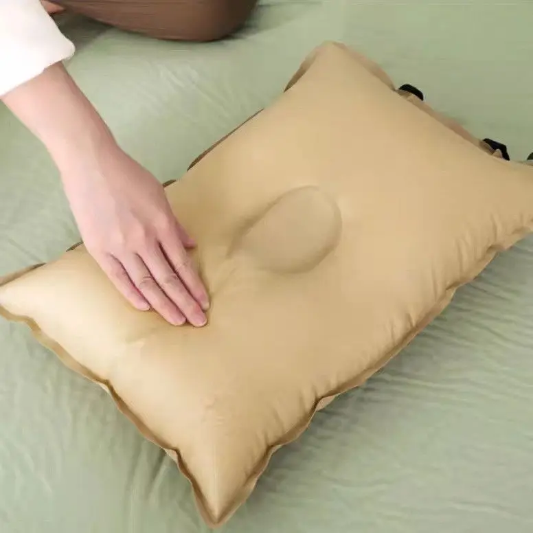 Inflatable Camping Pillow Portable Press Type Soft Waterproof Khaki Outdoor Travel Hiking Comfortable Sleep Support Cushion