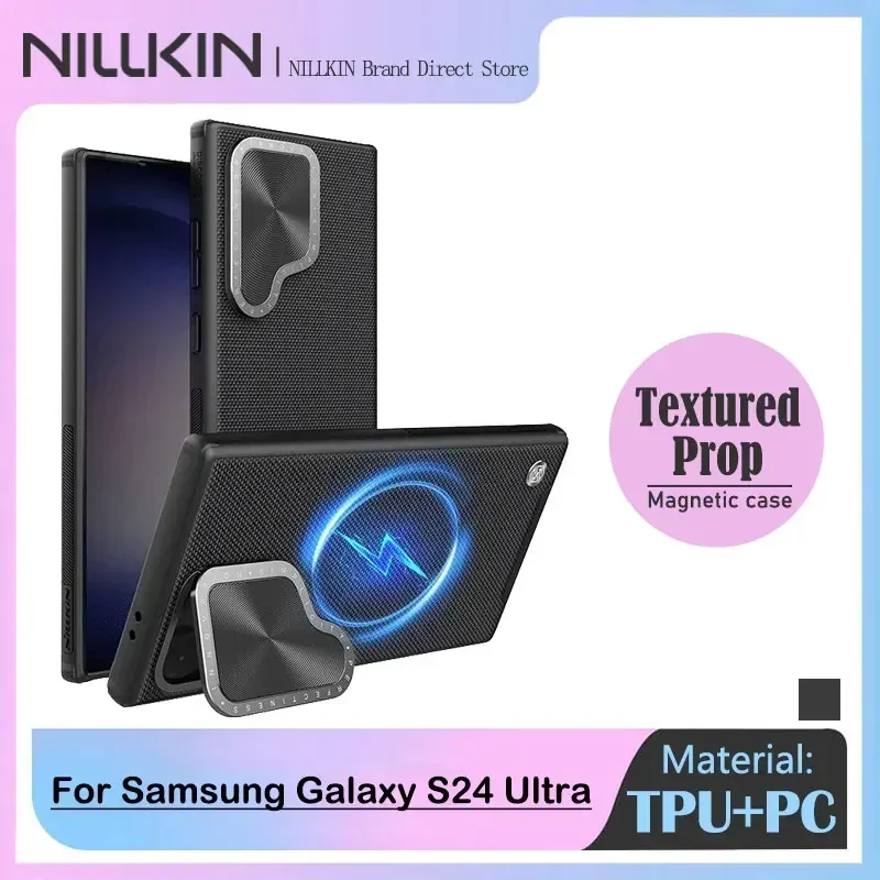

Магнитный чехол с текстурированной опорой Nillkin для Samsung Galaxy S24 Ultra, полиамидное волокно, откидная крышка объектива, предотвращающие падение безопасности, MagSafe