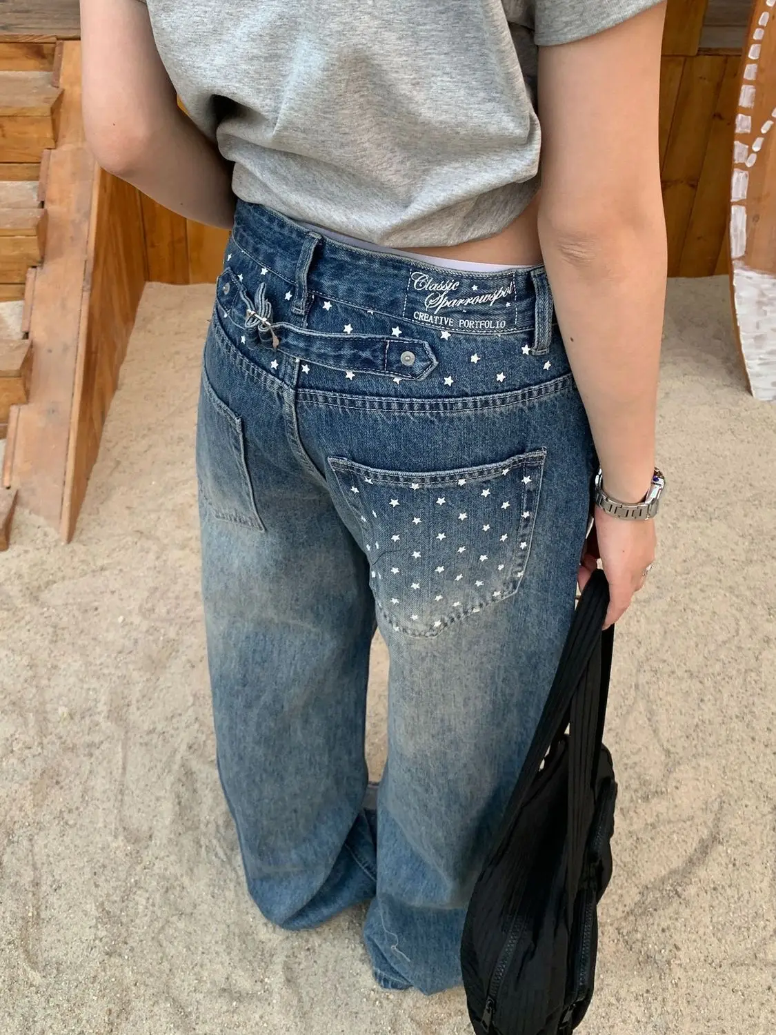 

Женские джинсы большого размера с американским звездным принтом, широкие, прямые, длинные, с высокой талией, из денима, с эффектом потертости, модные, весенние, струящиеся