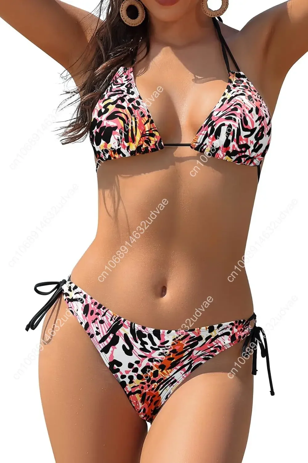 

Multicolor Leopard Pattern Women's Triangle Halter Bikini Set String Sexy Bathing Suit Low Waisted Two Piece Swimsuit