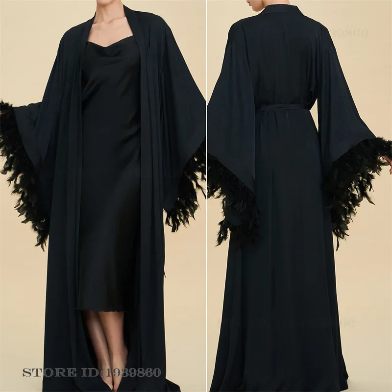 

Luxury Bride Wedding Long Robe Dress with Feather Cuffs Elegant Silky Satin Bathrobe Nightdress French Style Loose Homewear