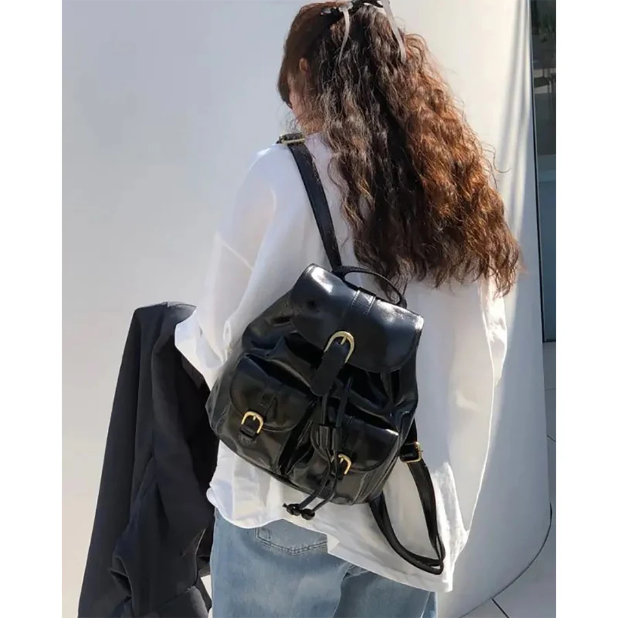 New Korean retro college oil wax leather large capacity Anti-theft backpack student schoolbag Casual Travel multi-pocket bagpack