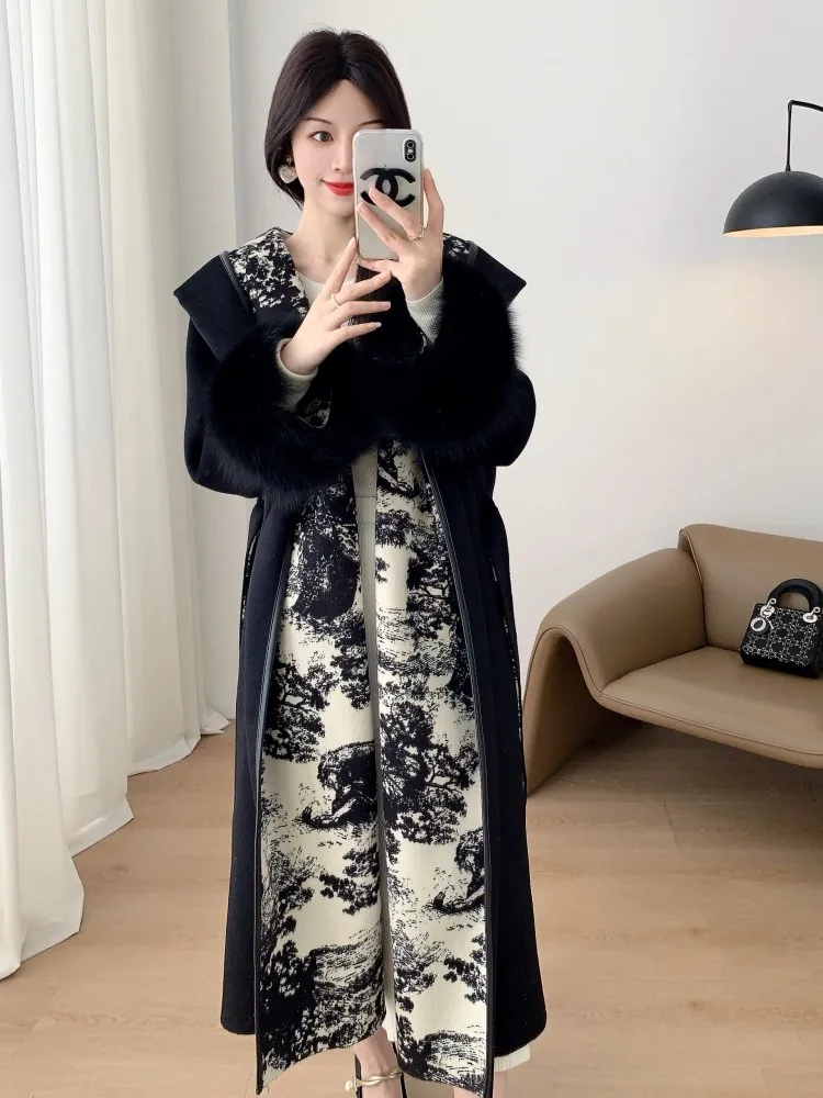 لوحة جديدة لغسل الحبر معطف من الصوف والكشمير على الوجهين، فرو الثعلب، فراء عصري وشابير وطويل