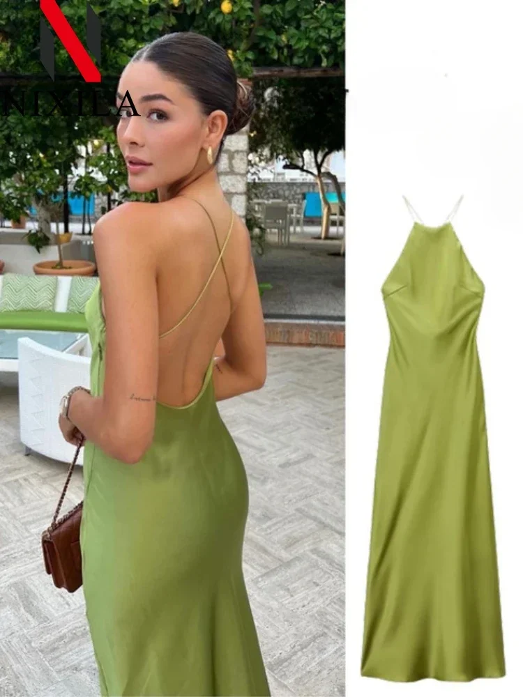 Wiosenna letnia damska sukienka maxi bez rękawów Satynowa sukienka w europejskim stylu amerykańskim Seksowna wieczorowa suknia bankietowa