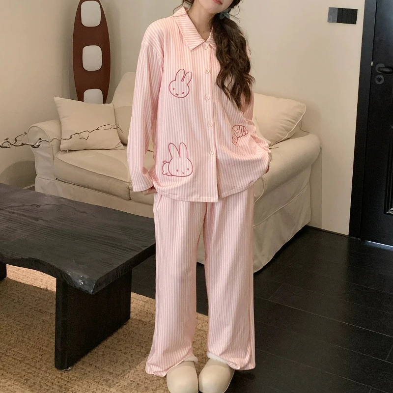Miffy Kawaii Anime Cartoon Pajamas Female Spring and Autumn Pure Cotton Stripes Embroidery Simple Sweet Can Be Worn Outside