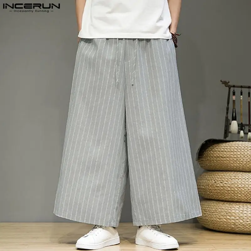 INCERUN-Pantalon rayé pour homme, Joggers Wstring de proximité, At Streetwear, Jambe large, FjMen 2024, Poches, Vintage Casual Male Pants, S-5XL