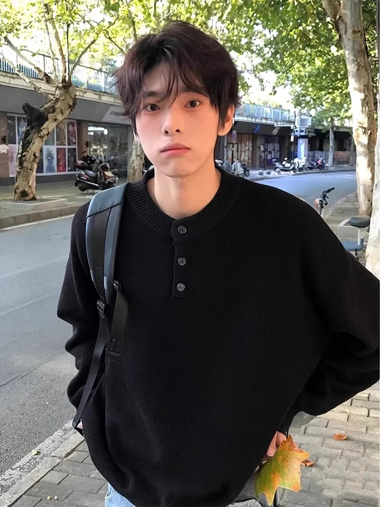 

American Sle Thiened Bla Henry Collar Sweater for Men Winter Casual Wear Comfortable Knitted High Quali Polyester Lon...