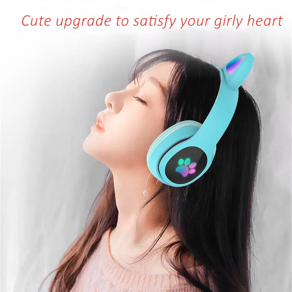 لطيف القط LED سماعات لاسلكية سماعة رأس بخاصية البلوتوث مع هيئة التصنيع العسكري TF Mp3 طفل فتاة الموسيقى ياربود هريرة خوذة سماعة لهدية عيد ميلاد