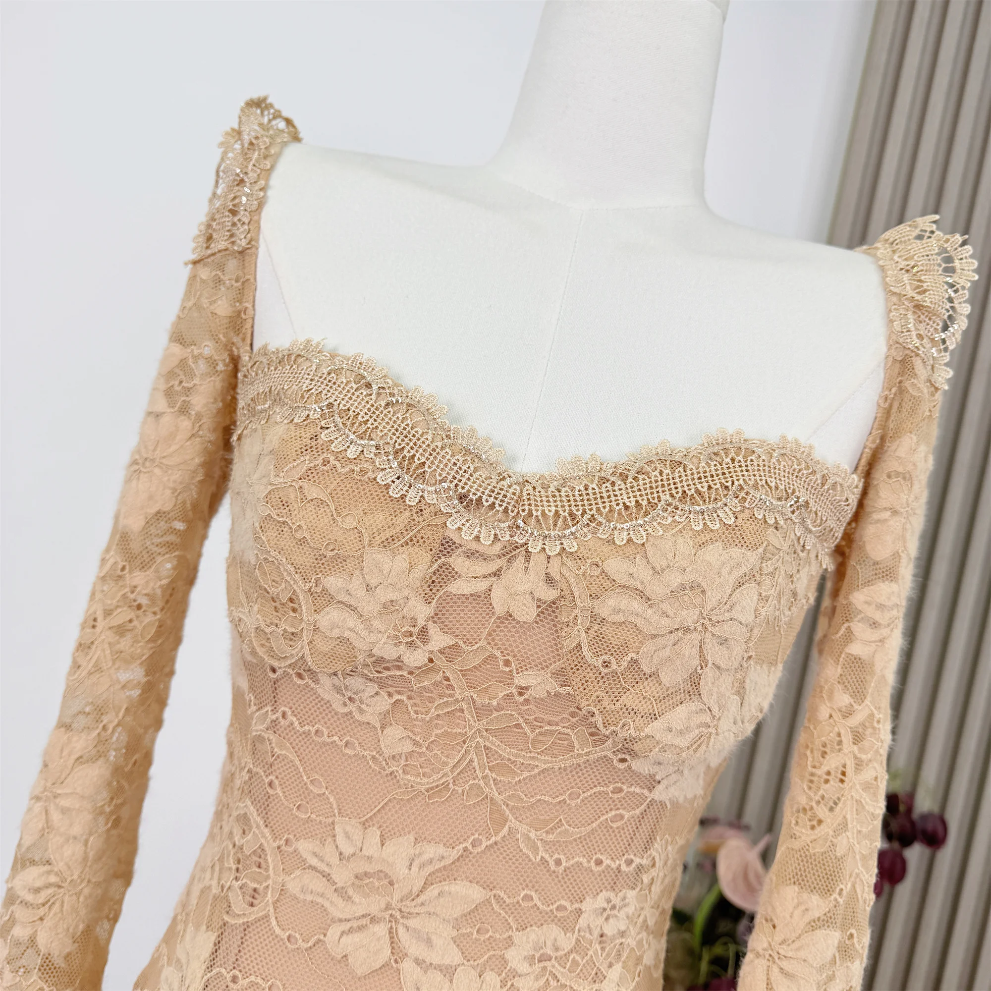 순수한 욕망 섹시 레이스 바디콘 롱 드레스 부드러운 하이웨이스트 가을 봄 긴 소매 프렌치 패션 우아한 파티 드레스 F571