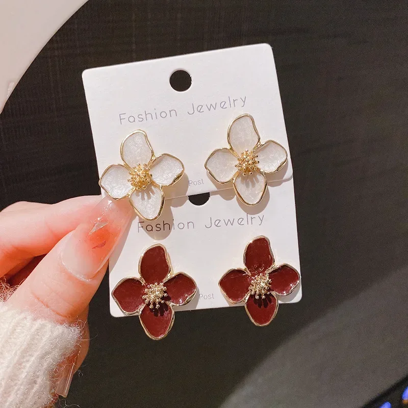 Lfee Dropped Glaze Flower Stud Earrings for Women Girl French Ins Vintage 2024 Refined Korean Wedding Romantic Jewelry Gifts