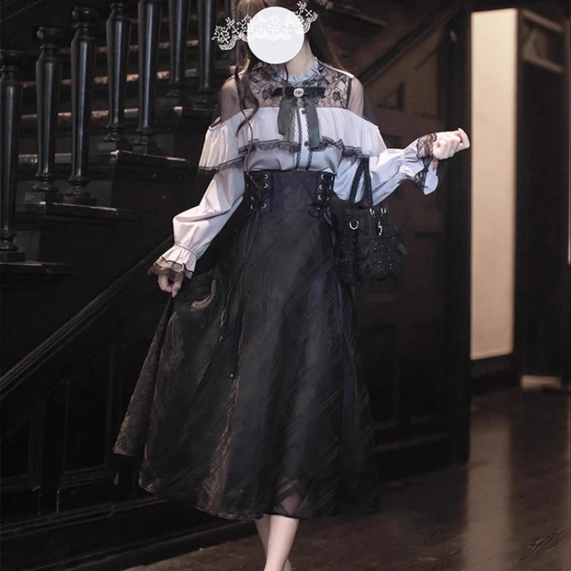 اليابانية القوطية Y2k لوليتا نمط تنورة مجموعة النساء الدانتيل المرقعة القوس كم طويل بلوزة سوداء حفلة ميدي تنورة دعوى ملابس حلوة #1