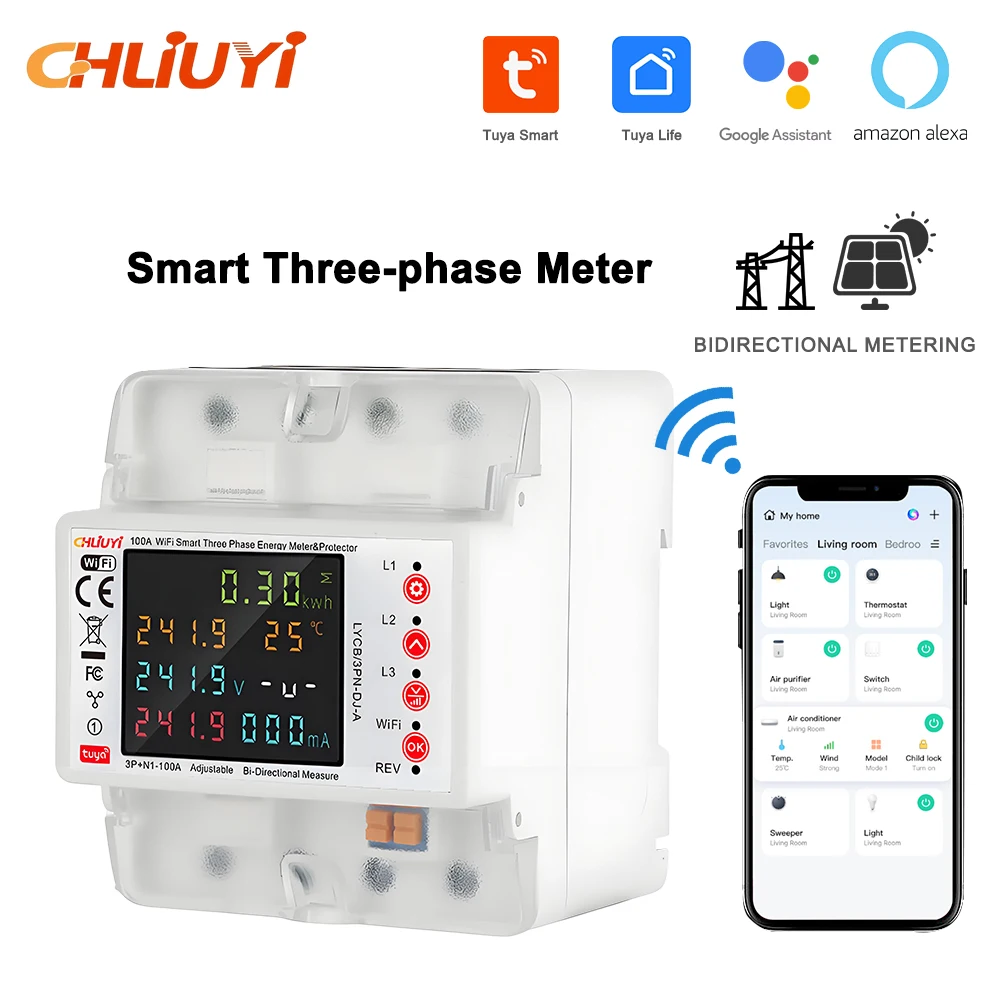 CHLIUYI 4P 100A Tuya WIFI Smart Three-Phase Energy Meter with Leakage, Over/Under Voltage Protection, Relay Switch, and Current