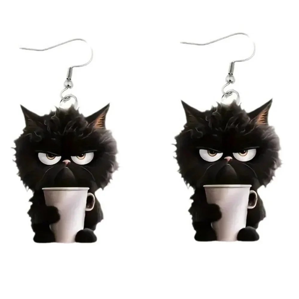 المرأة 2D شقة غاضبة القط الأسود الاكريليك الأقراط أزياء لطيف الحيوانات الصغيرة أقراط فريدة للفتيات اكسسوارات شخصية هدية