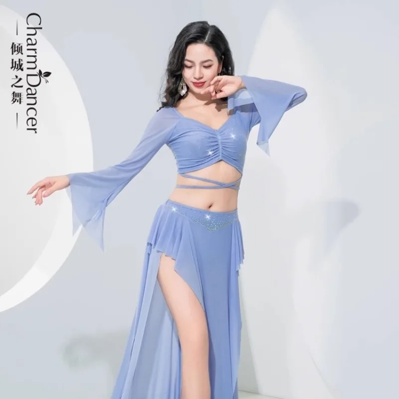 

Belly Dance Practice Clothes Women Oriental Dancer Stage Performance Wear Blue Green Purple Top Long Skirt Set Chiffon Outfit