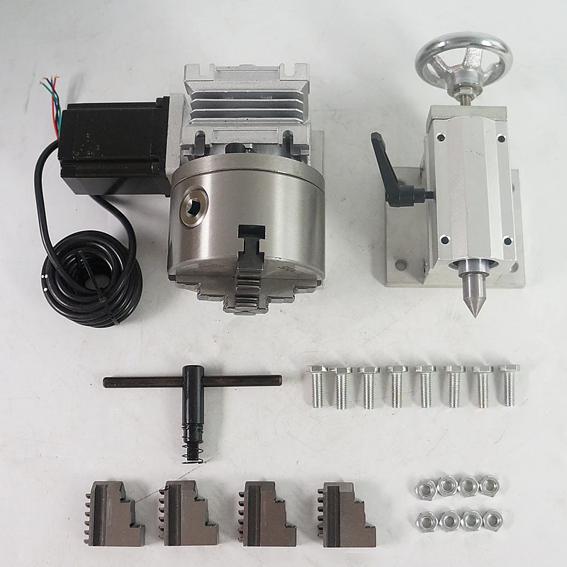 Rotary Axis 4th Axis A Axis 3 Jaws 4 Jaws Chuck with Tailstock 80MM 100MM 130MM for Wood Metal Milling Carving Cut Machine Use